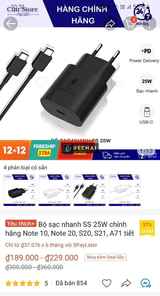 Sạc cáp type C chính hãng Samsung 25W