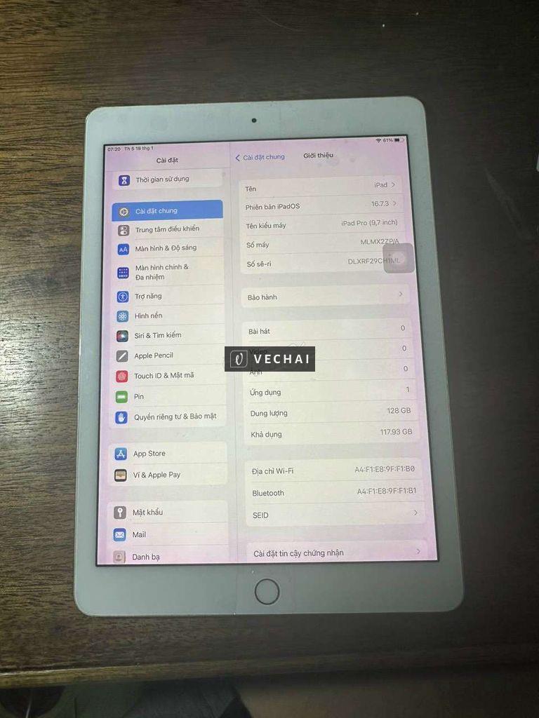 Ipad pro 9.7in 128G cònvân tay,full chứcnăng zin