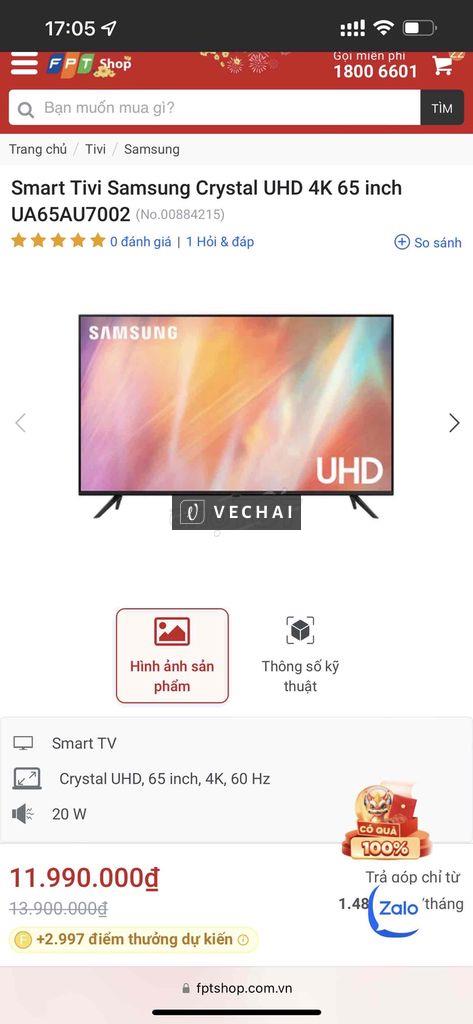 Tivi Samsung Crystal UHD 4K 65 inch – New FPTShop