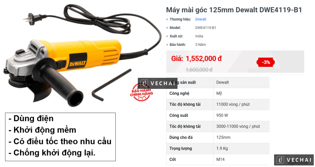 HCM. Thanh lý máy mài góc cầm tay Dewalt DWE4119-B1 950W-125mm