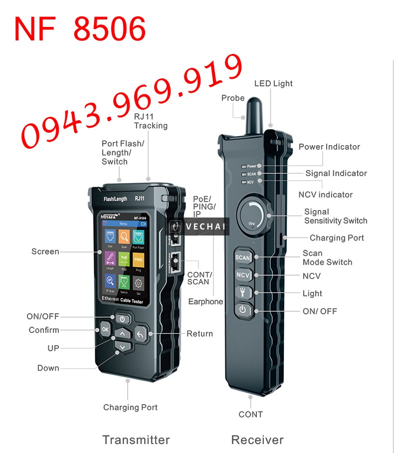 Thiết bị kiểm tra cáp NOYAFA NF-8506 CAT5/CAT6 với kiểm tra PoE/PING cao cấp