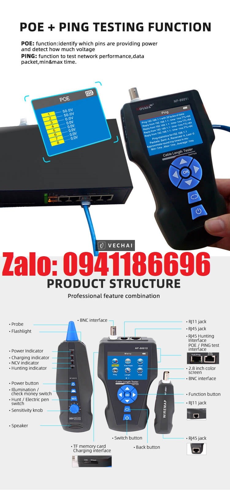Máy test dây mạng Noyafa NF-8601S Test mạng POE Đa Chức Năng, kết xuất kết quả ra máy tính