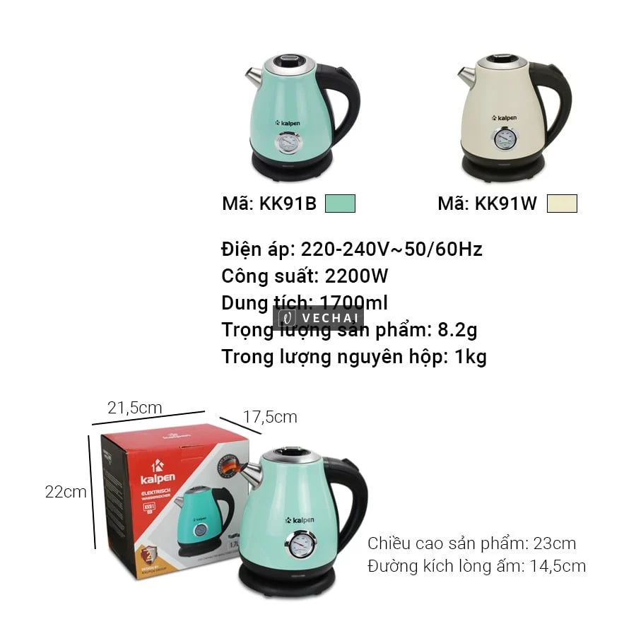 Ấm Đun Nước Siêu Tốc Kalpen KK91 1.7L – Inox 304