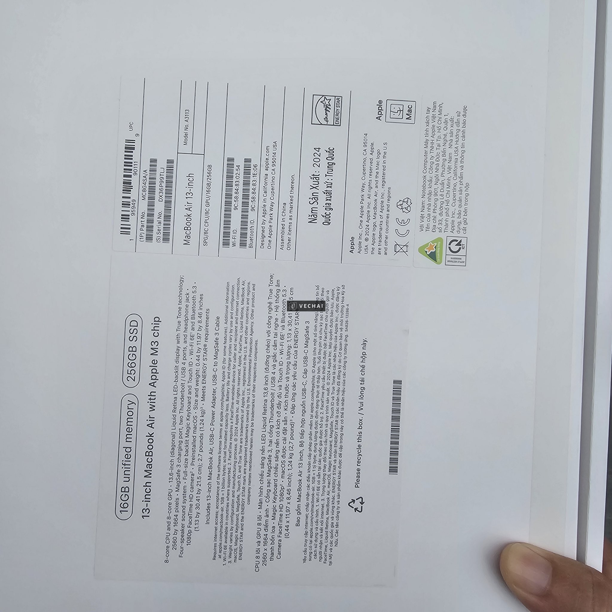 Macbook Air M3 (2024) 16Gb/ 256 Gb siêu lướt