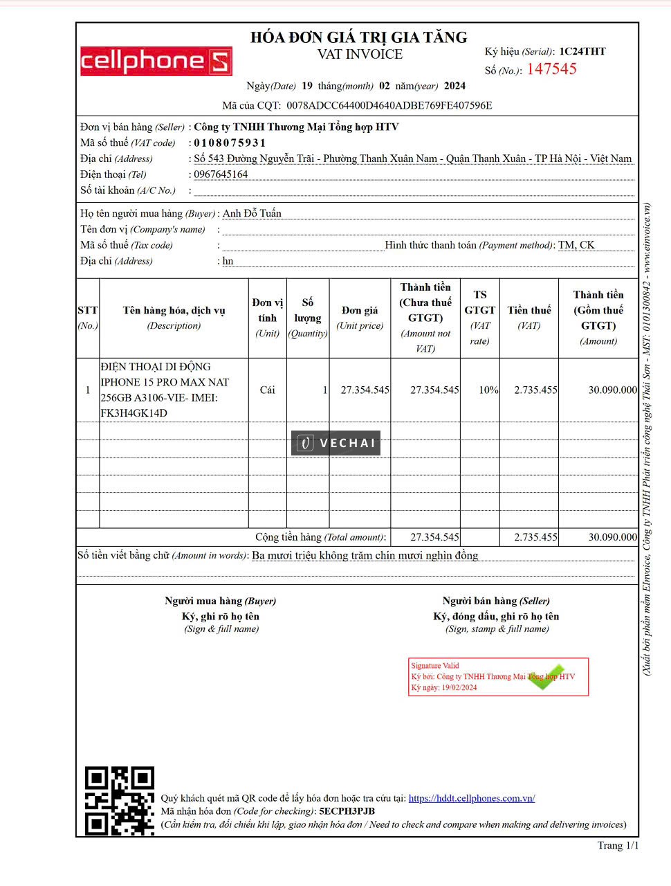 IPHONE 15 PRO MAX 256GB CHÍNH HÃNG VN/A NGUYÊN HÓA ĐƠN KÈM THEO MÁY – Bản chính hãng mua cellphones