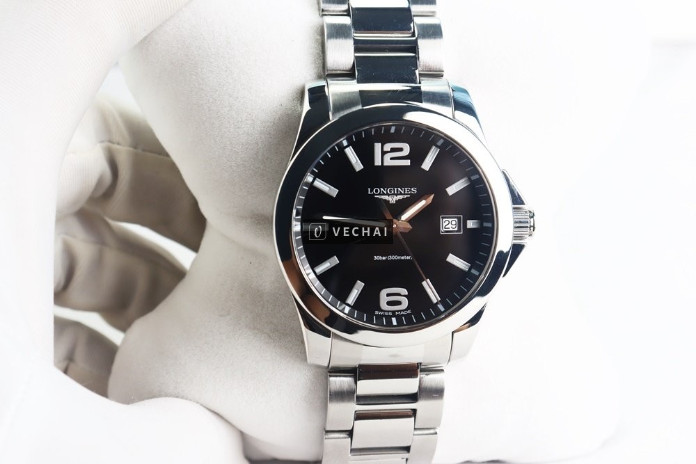 ĐH Nam Longines Conquest L3.659.4.58.6; 3 kim mặt đen, bản dây thép – Size 41mm