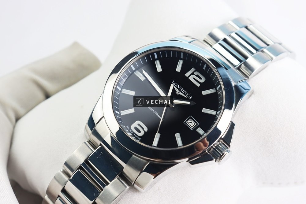 ĐH Nam Longines Conquest L3.659.4.58.6; 3 kim mặt đen, bản dây thép – Size 41mm