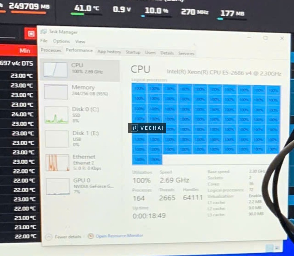 thanh lý máy trạm phù hợp lập trình AI, coding, gaming 2xCPU 36 core/72 thread. RAM ECC 2133/256G