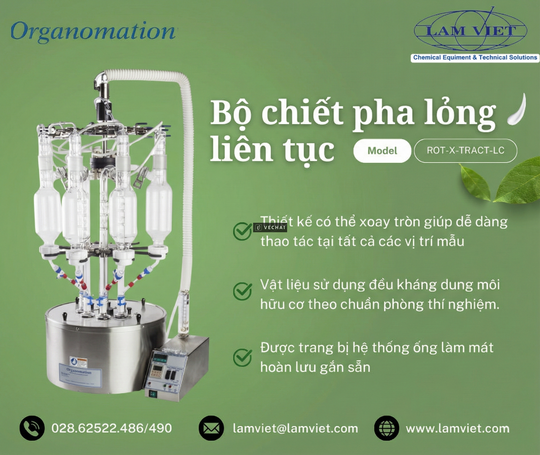 Bộ chiết pha lỏng liên tục hiện đại – Model ROT-X-TRACT-LC Organomation