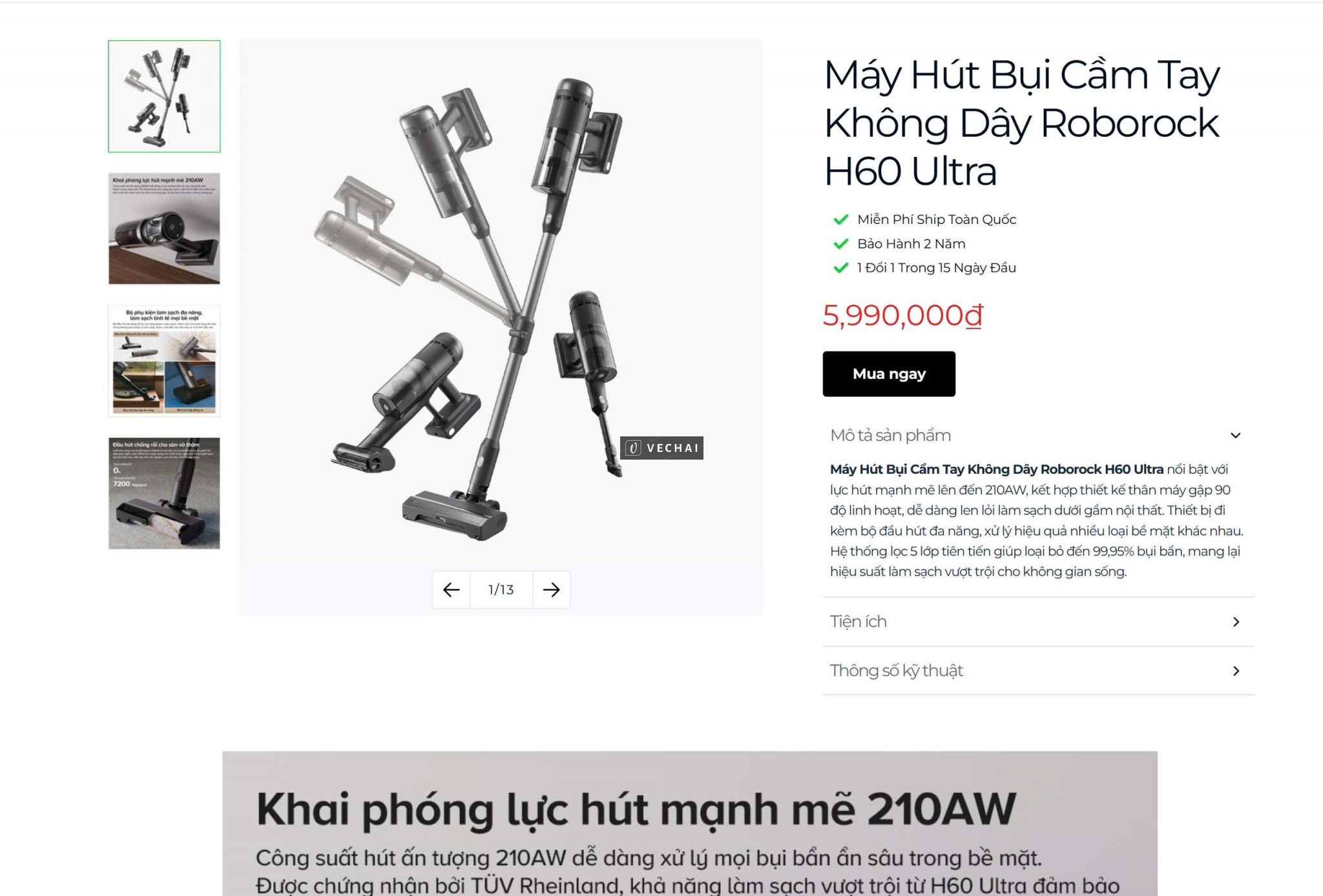 Máy Hút Bụi Roborock H60 Ultra Mới 100%  – Cầm tay không dây siêu tiện lợi – Cty thưởng tết mới 100%