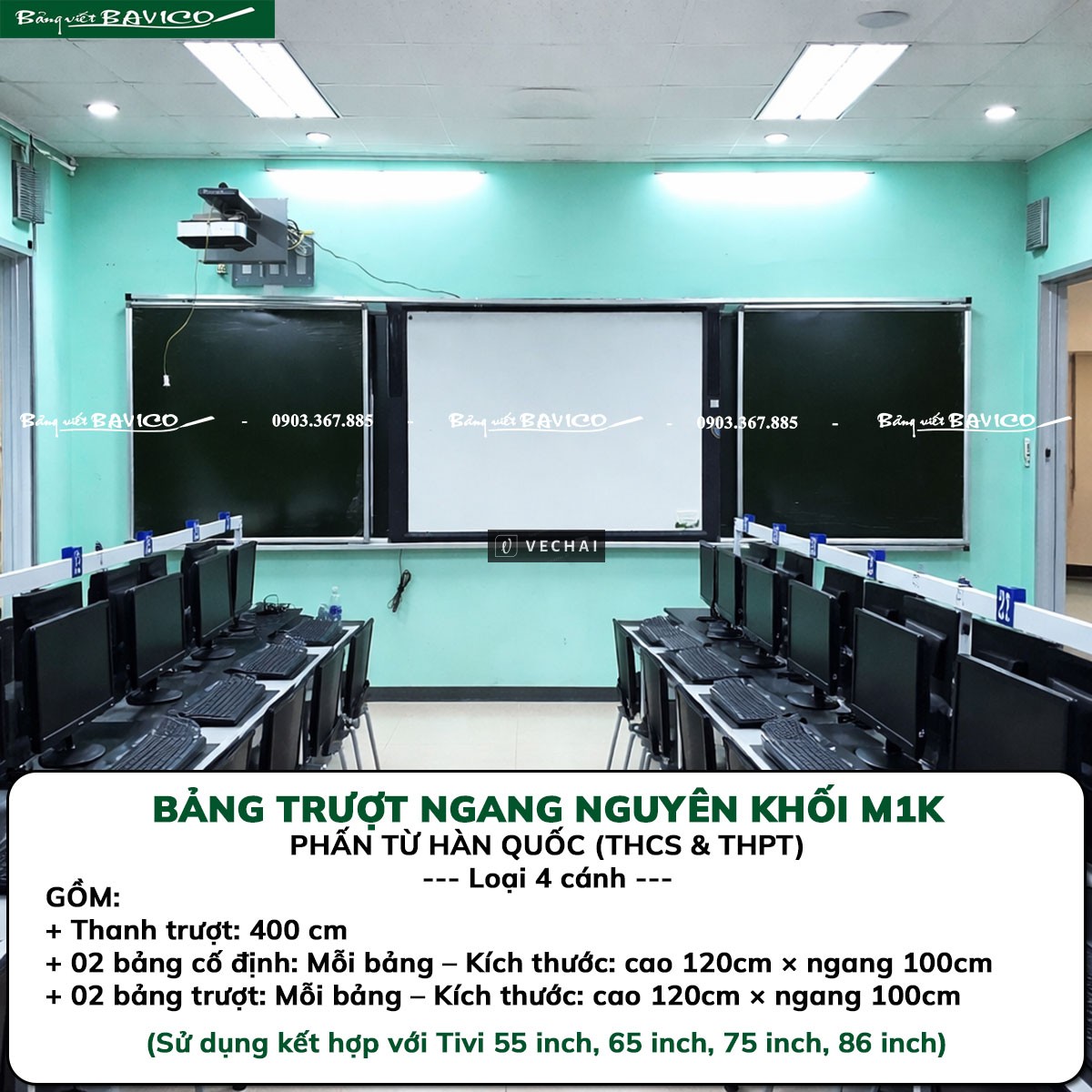 BẢNG TRƯỢT NGANG THÔNG MINH 4 CÁNH – KT: 120X400 CM (M1K)