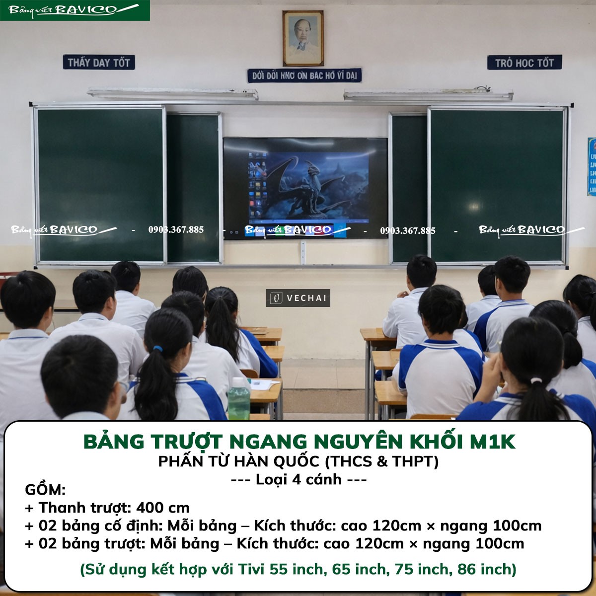 BẢNG TRƯỢT NGANG THÔNG MINH 4 CÁNH – KT: 120X400 CM (M1K)
