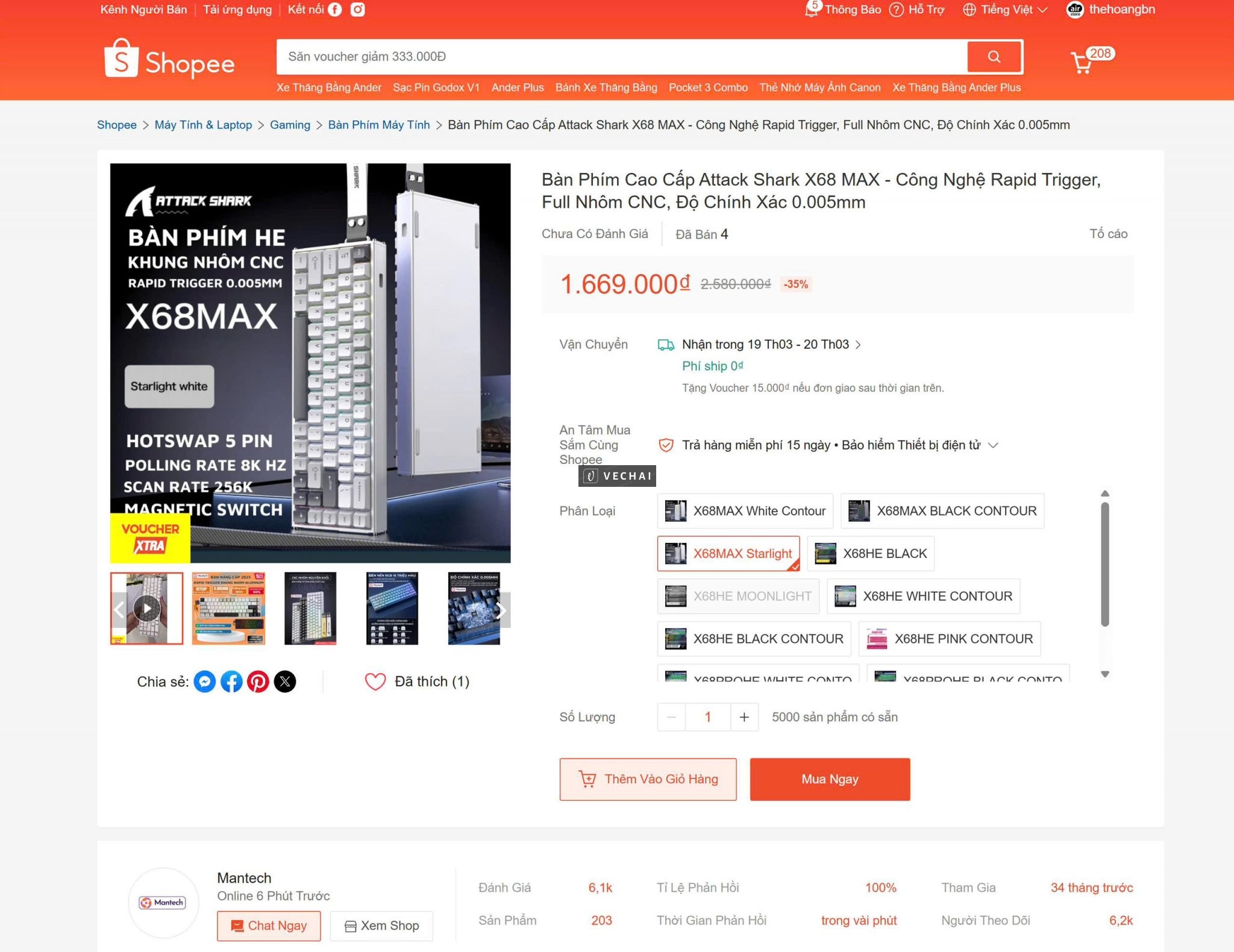 Bàn Phím Cao Cấp Attack Shark X68 MAX – Công Nghệ Rapid Trigger, Full Nhôm CNC, Độ Chính Xác 0.005mm