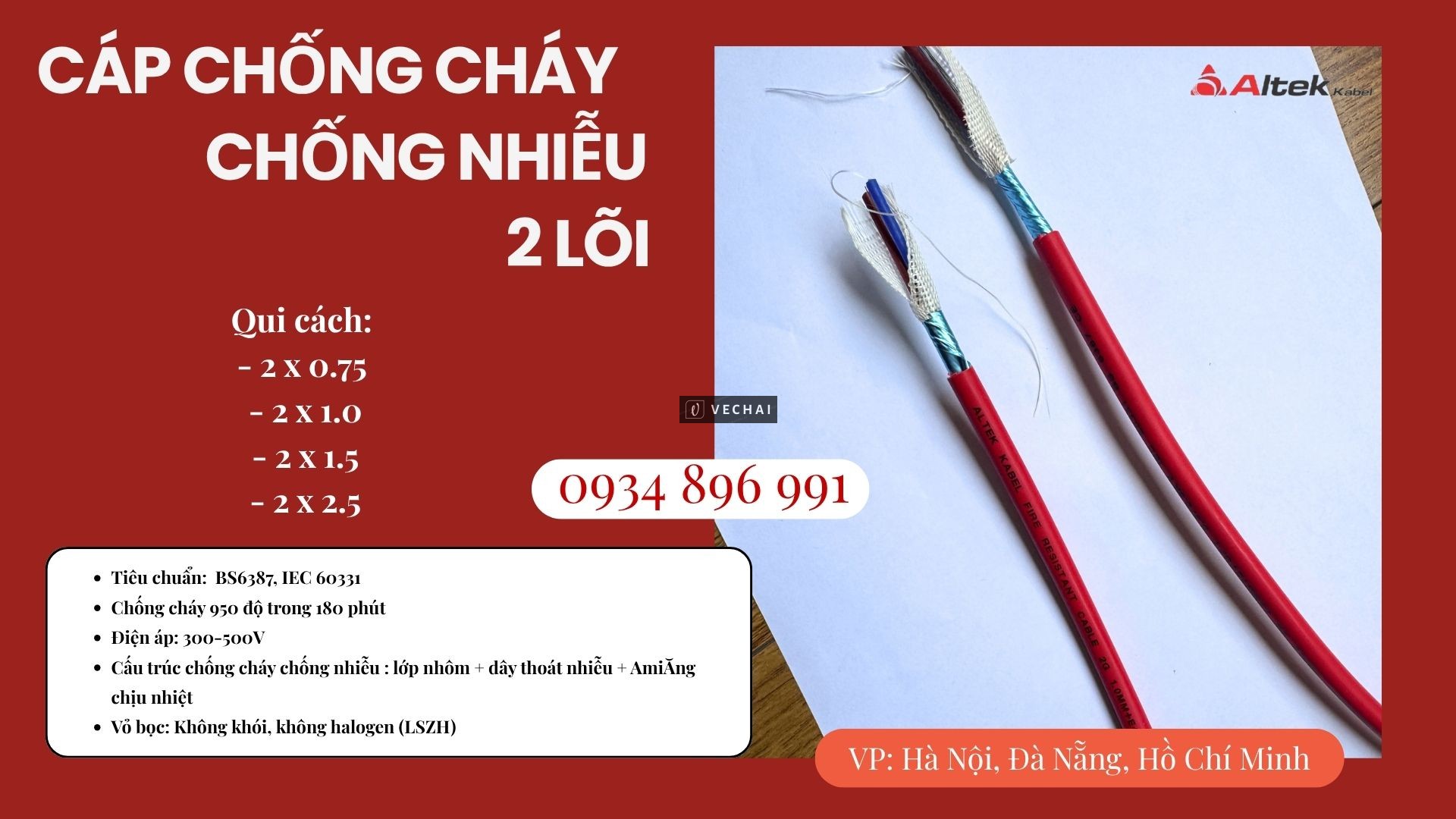 Cáp chống cháy chống nhiễu 2 lõi (0.75–2.5mm²) – Cung cấp Quảng Bình, Quảng Ngãi, Quảng Nam