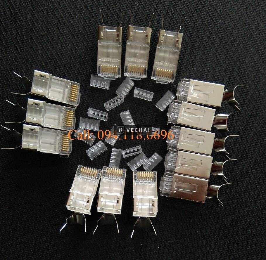 Bộ Hạt mạng+ chụp Cat7/Cat6A chống nhiễu FTP có đuôi, kìm bấm hạt mạng Cat6A/Cat7