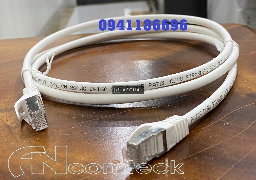 Dây nhảy PATCH CORD Cat6A S-FTP, Shielded, LSZH, White, 1.5M-2M-3M đúc – ANCOMTECK, sẵn kho
