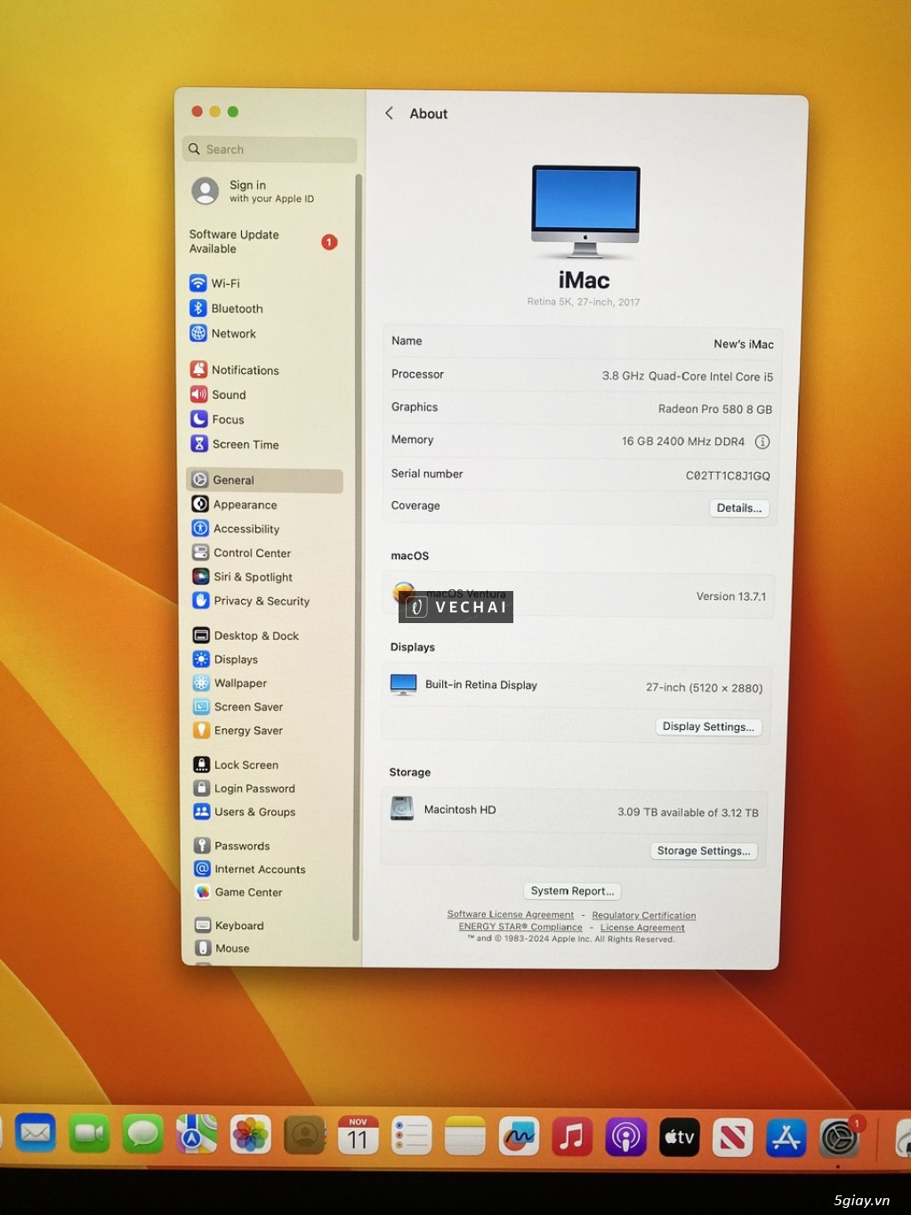 Imac Late-2017 Core i5-3,8 GHz 16G 3TB-Fusion 27''-5K AMD Radion Pro 580-8GB