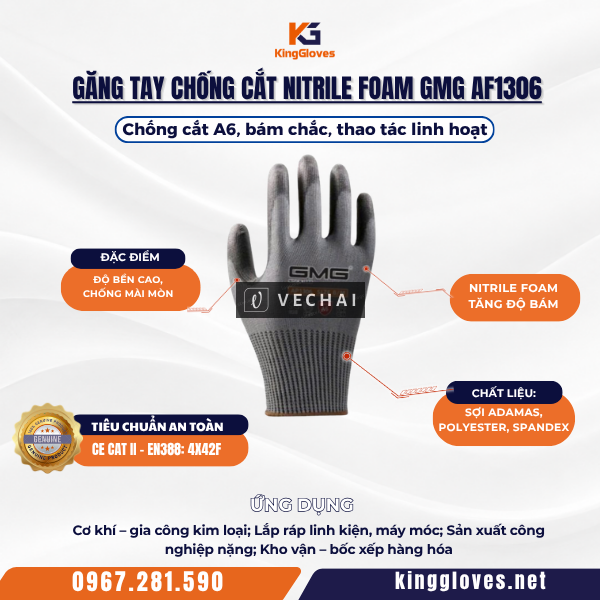 Găng Tay Chống Cắt Nitrile Foam GMG AF1306 – Chống cắt A6, bám chắc, thao tác linh hoạt