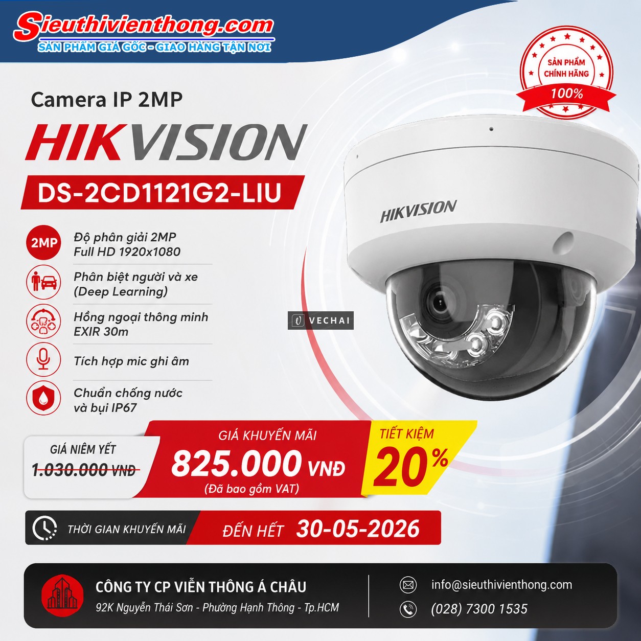 Camera IP 2MP Hikvision DS-2CD1121G2-LIU Chính Hãng Ưu Đãi Giảm 20%