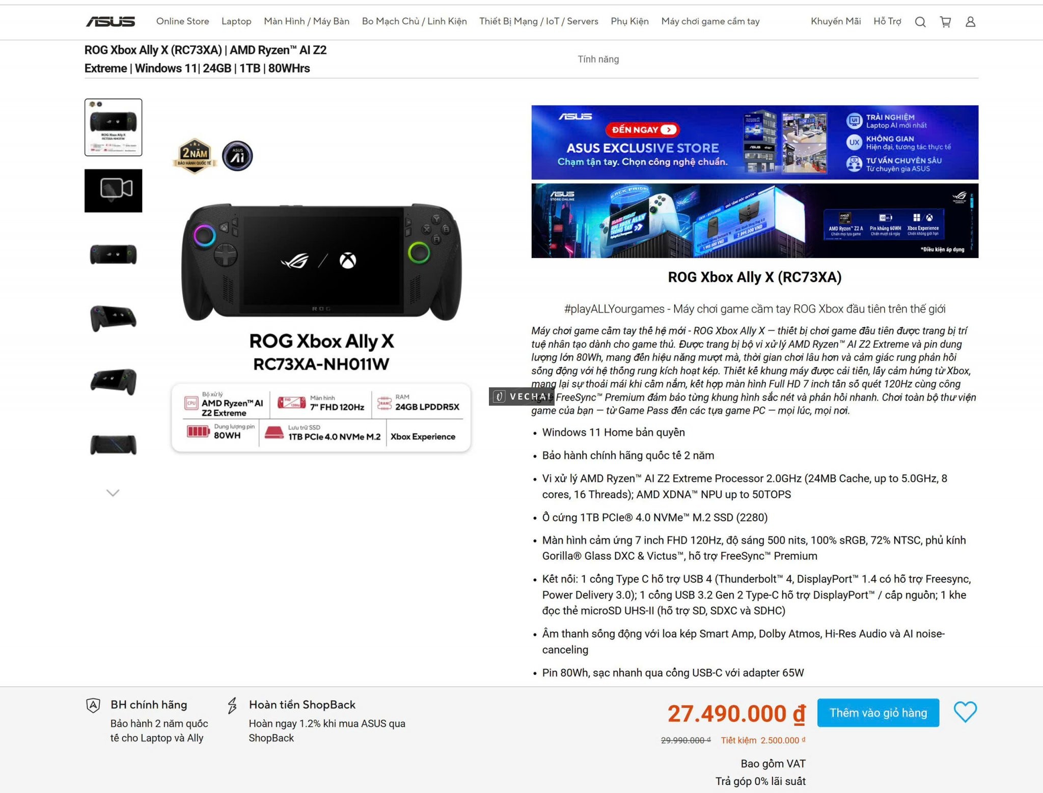 MÁY CHƠI GAME ROG Xbox Ally X Ryzen™ AI Z2 Extreme | Windows 11| 24GB | 1TB | 80WHrs Được Tặng Mới 1