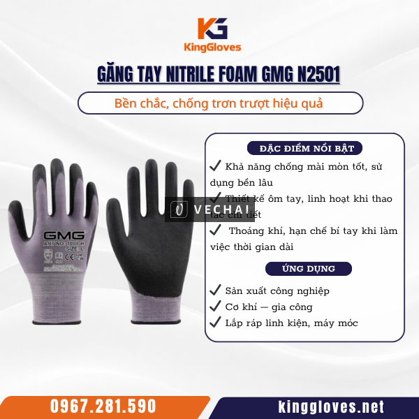 Găng Tay Nitrile Foam GMG N2501 – Bền chắc, chống trượt, tối ưu cho sản xuất công nghiệp
