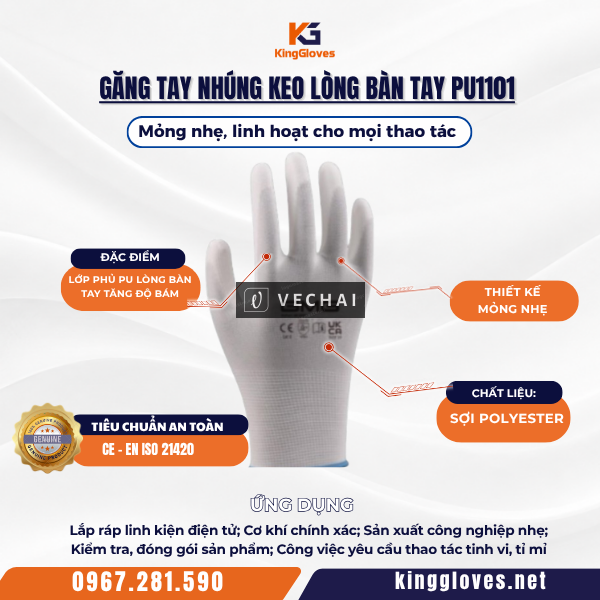 Găng Tay Nhúng Keo Lòng Bàn Tay PU1101 – Mỏng nhẹ, linh hoạt cho thao tác chi tiết