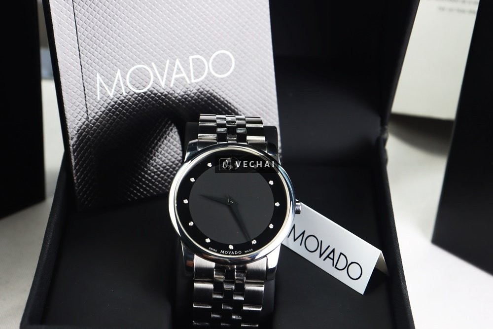 ĐH Nam Movado Museum 0606878; Cọc Số Kim Cương Đính 11v kim cương; Size 40mm