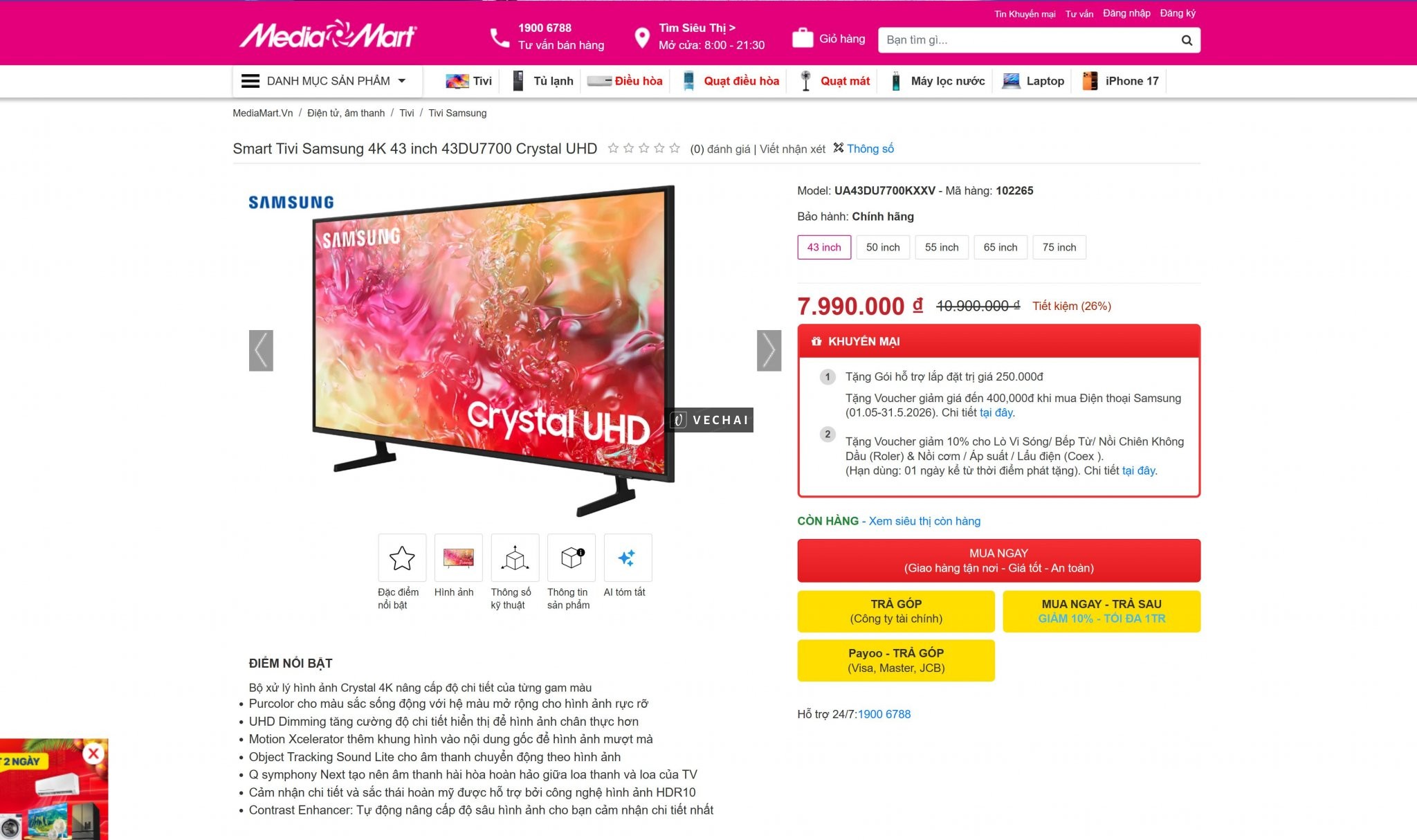 Smart Tivi Samsung 4K 43 inch 43DU7700 Mới 100% Cty Mua Dư nên thanh lý