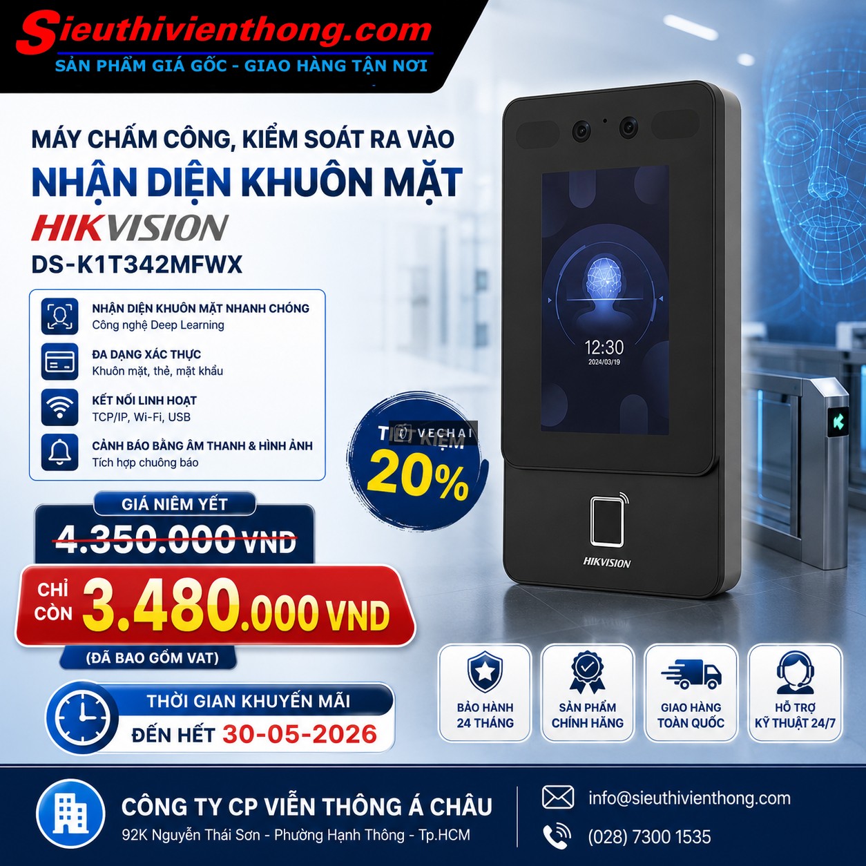 Máy Chấm Công Khuôn Mặt Hikvision DS-K1T342MFWX Chính Hãng Giá Ưu Đãi